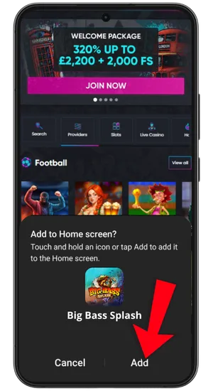 Adding Big Bass Splash casino shortcut to Android home screen