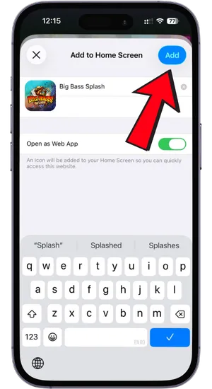 Selecting Add to Home Screen for Big Bass Splash on iPhone