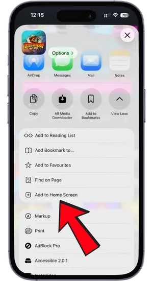 Tapping the Safari Share button to add Big Bass Splash to home screen