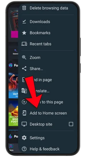 Tapping the three-dot icon in Chrome to access Big Bass Splash settings